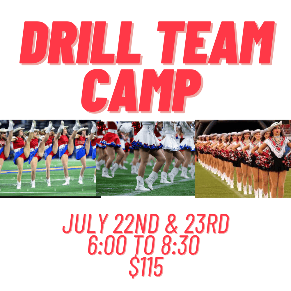 Children ages 6–9 performing a fun, energetic drill team routine in matching outfits.